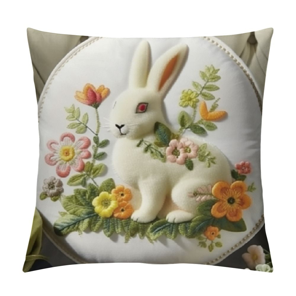 Happy Easter Bunny Shaped pillowcase, Embroidered Floral Patterns Cushion Soft Velvet Easter Rabbit Decorative pillowcase for Couch Living Room Bed, Green